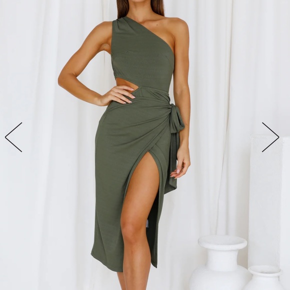 Hello Molly Dresses & Skirts - One shoulder open side wrap front slit green midi dress